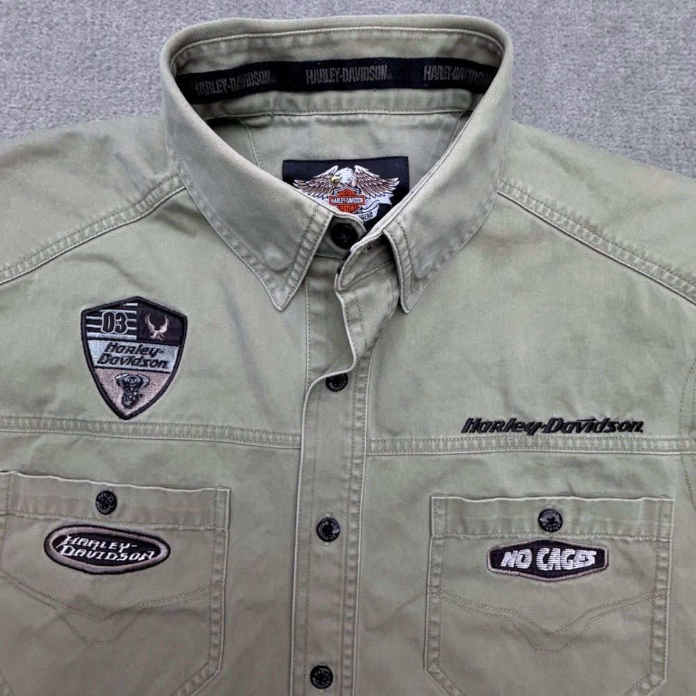 Vtg Harley-Davidson Sleeveless Button Down Shirt Mens Large Green w/ Graphics